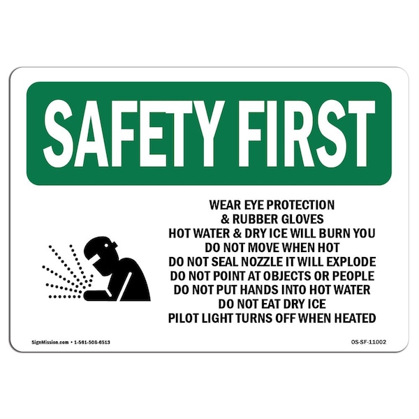 OSHA Sign, Wear Eye Protection And Rubber W/ Symbol, 18in X 12in Aluminum, 18" W, 12" H, Landscape